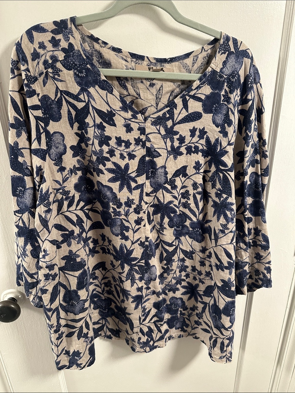FLAX Navy Linen V-Neck Top